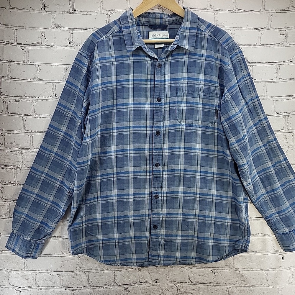 Columbia Shirt Mens Sz L Blue Plaid Long Sleeve Button Up